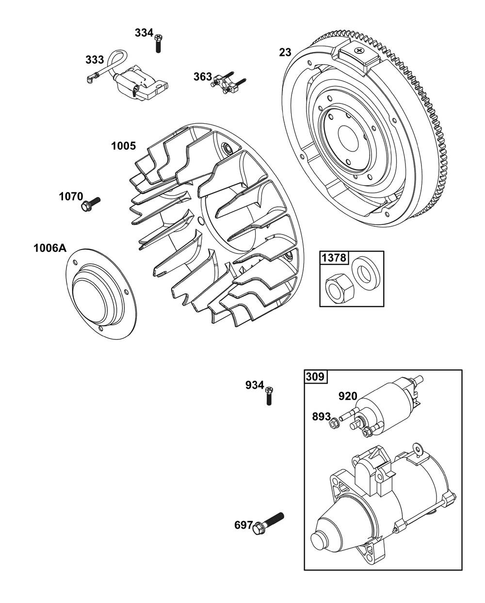 Flywheel, Ignition, And Starter Group Diagram and Parts List for 613377-0102-J1  Briggs and Stratton Engine